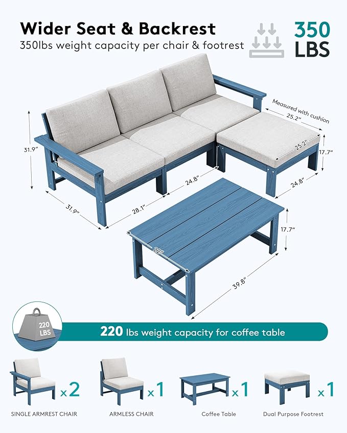 SERWALL Outdoor Sectional Sofa Set, 5-piece Outdoor Modula Couch Set with Ottoman, All Weather Patio Furniture Set with Chaise for Deck, Lawn, Blue Frame with Khaki Cushion