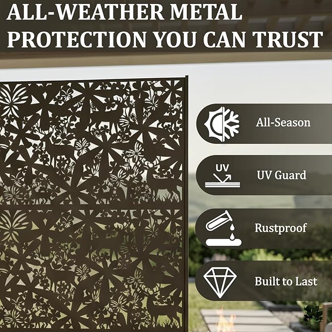 Metal Privacy Screen Outdoor 6FT – Freestanding Laser Cut Steel Garden Divider Panel with Stand, Decorative Modern Privacy Screen for Patio, Deck, Backyard & Balcony, Rustproof & Weather-Resistant
