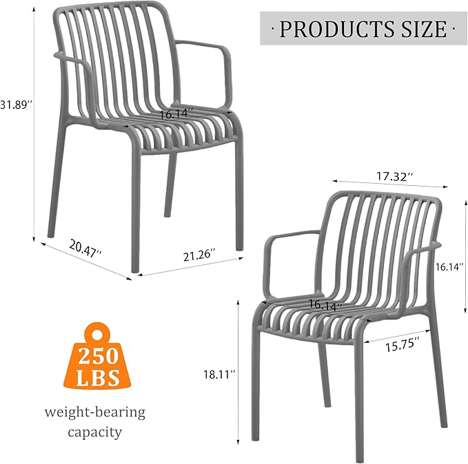 Patio Dining Chairs Set of 4, All-Weather Outdoor and Indoor Stackable Chairs with Curved Back, Waterproof for Patio, Deck, Porch, Backyard, Restaurant & Cafe Use, Grey