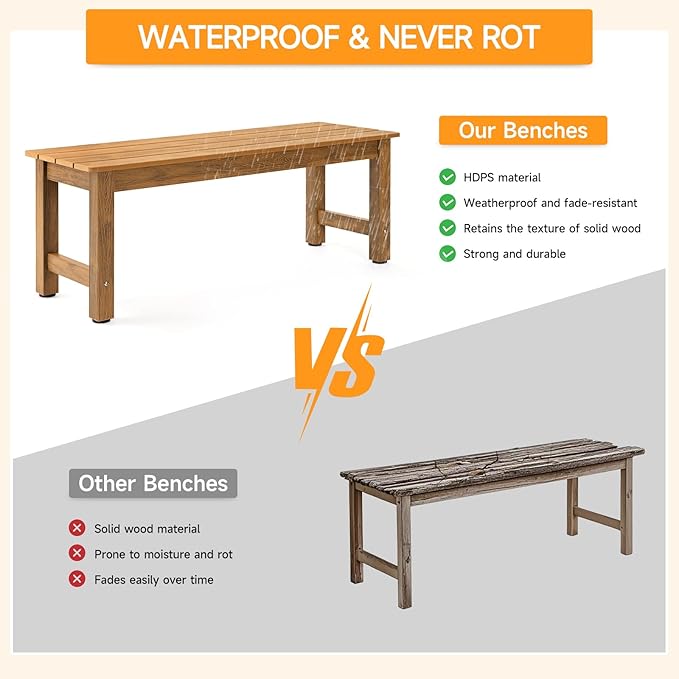 ONBRILL Outdoor Benches Weatherproof, 2-Person Poly Lumber Garden Bench, All-Weather Patio Bench Will not Rot and Fade for Garden, Porch, Backyard and Park, Easy Installation, Teak