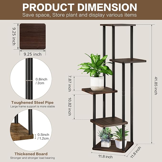 5 Tier Wood Tall Plant Stand Metal Rack Indoor, Multiple Flower Pot Holder Shelves Corner Rack, Planter Shelf Display Rack Storage Organizer for Patio Living Room Balcony Garden(Black Oak)