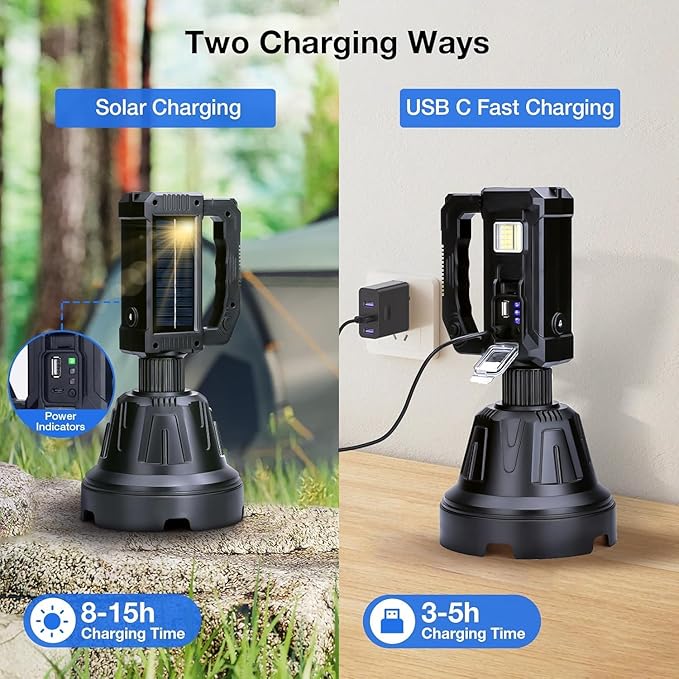 Solar Rechargeable Spotlight, 2,000,000L High Lumens Led Spot Lights Outdoor Handheld Super Bright Long Range Flashlight with 6 Modes, 3 Colored Filters, Tripod, USB C, IPX6 Waterproof for Fishing