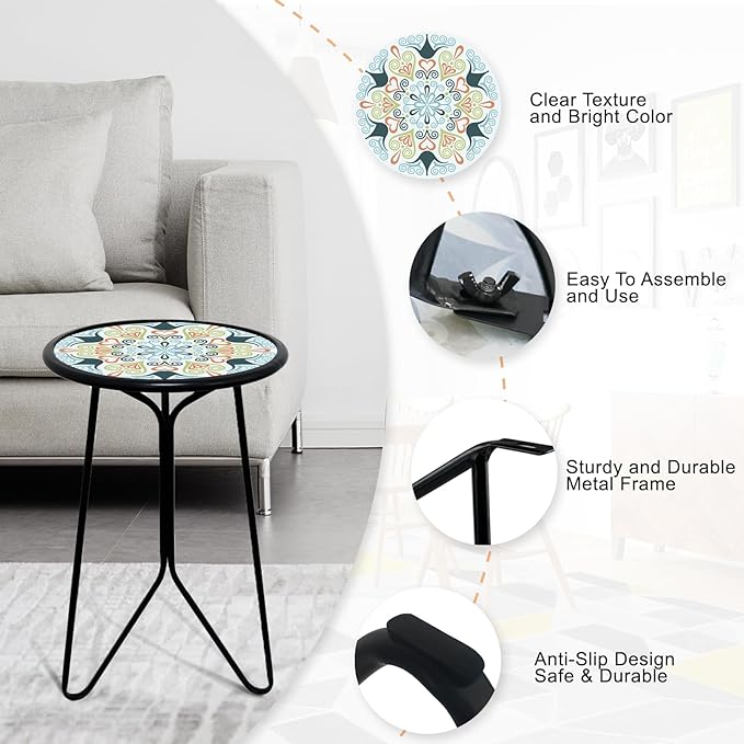LIFFY Patio Side Table, 12" Outdoor Metal Side Table with Glass Top, Indoor Round Accent End Table for Living Room or Bedroom, Small Decorative Plant Stand Table for Garden Yard Balcony