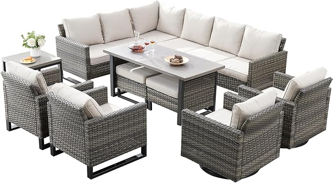 Belord Outdoor Sectional Furniture with Swivel Rocker Chair, 10 Pieces Wicker Patio Furniture Sets with Ottoman L Shaped Sofa Coffee Table Beige Cushion