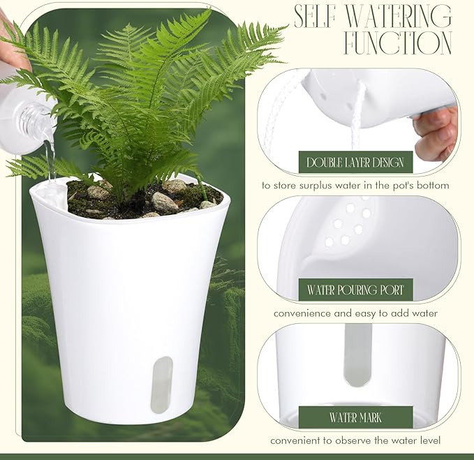 18 Pcs Self Watering Pots Plastic Plant 3 Sizes Flower Plant Pot with Inner White Flower Pots for Indoor House Plants Plastic Self Watering Pot for Herbs Flowers