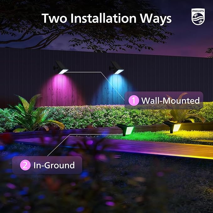 Philips 2 Packs Solar RGBW Spot Lights Outdoor, 18 LED Solar Powered Landscape Lights, 9 Lighting Modes Color-Changing Dusk to Dawn Waterproof Pathway Spotlights for Garden Trees Halloween Christmas