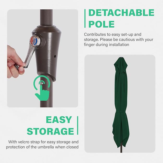 JEAREY 6.5x10 ft Rectangular Patio Umbrellas Rectangle Outdoor Umbrella with Push Button Tilt and Crank, Market Table Umbrella 6 Sturdy Ribs UV Protection for Poolside Garden Backyard Deck, Dark Green