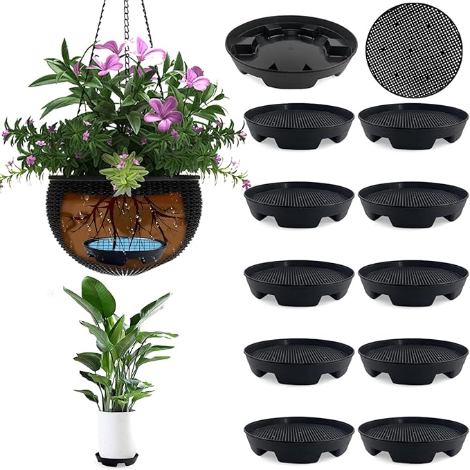 7.16” Self Watering Planter Insert, 10 Pack Invisible Hanging Basket Drip Pan Hanging Basket Planter Plant Auto Watering Devices Plastic Water Catcher Saucer Tray for Outdoor Indoor Pots Liners