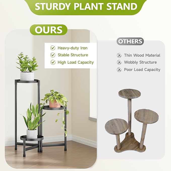 3 Tier Plant Stand Indoor, Tiered Plant Stand Outdoor for Multiple Plants, Corner Plant Shelf for Patio Balcony Porch Garden Living Room House, Black