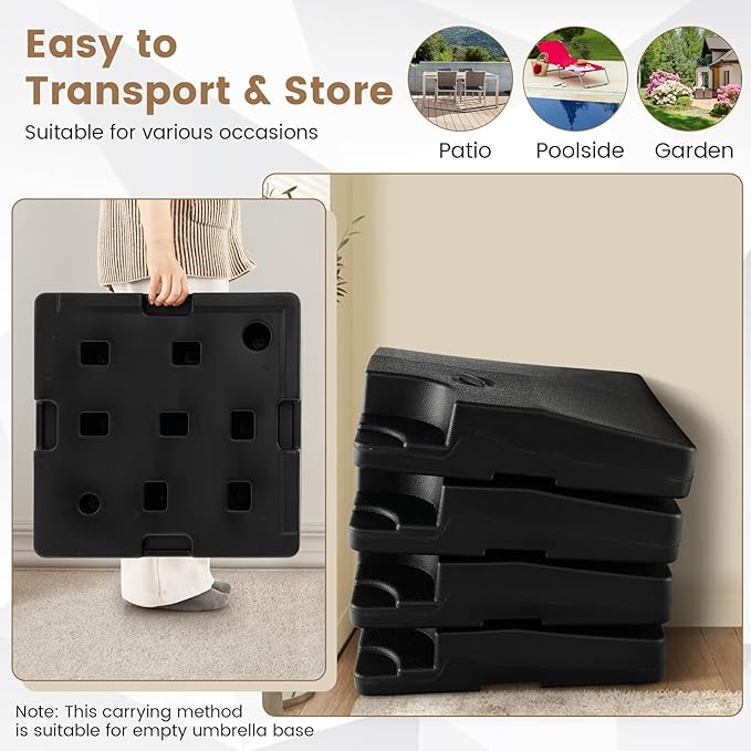 Tangkula 4-Piece 20L Cantilever Offset Patio Umbrella Base, 284 Lbs Heavy-Duty Water & Sand Filled Umbrella Stand, Square Weighted Plate Set with Easy-Fill Spouts, Black