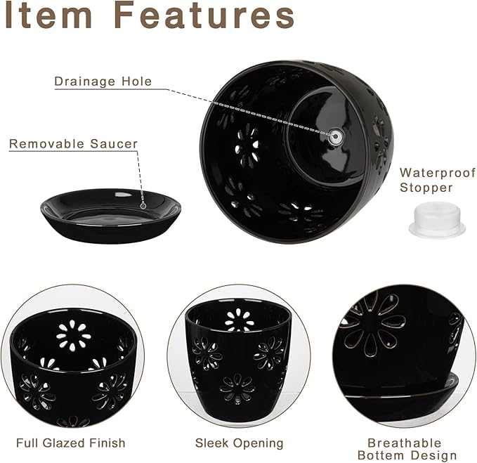 Oairse 6 inch Orchid Pots with Holes, Black Ceramic Orchid Pot for Repotting Small Indoor Plant Pots with Drainage Holes and Saucers Decorative Flower Planter for Orchids, Indoor Plant