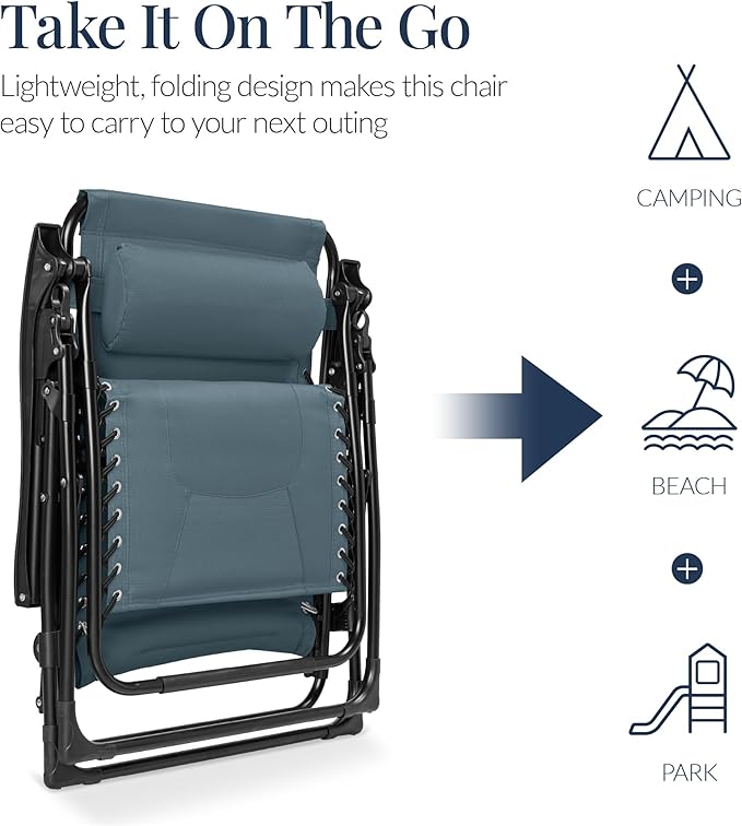 Best Choice Products Oversized Padded Zero Gravity Chair, Folding Outdoor Patio Recliner, XL Anti Gravity Lounger for Backyard w/Headrest, Cup Holder, Side Tray, Polyester Mesh - Slate Blue