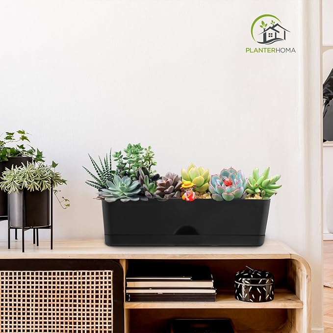 5 Pack Window Boxes Planters 16 Inches Rectangular Planter Herb Planter Boxes Large Plastic Flower Pots Rectangle Black Planter Outdoor and Indoor Succulent Window Sill Planter Self Watering Pots