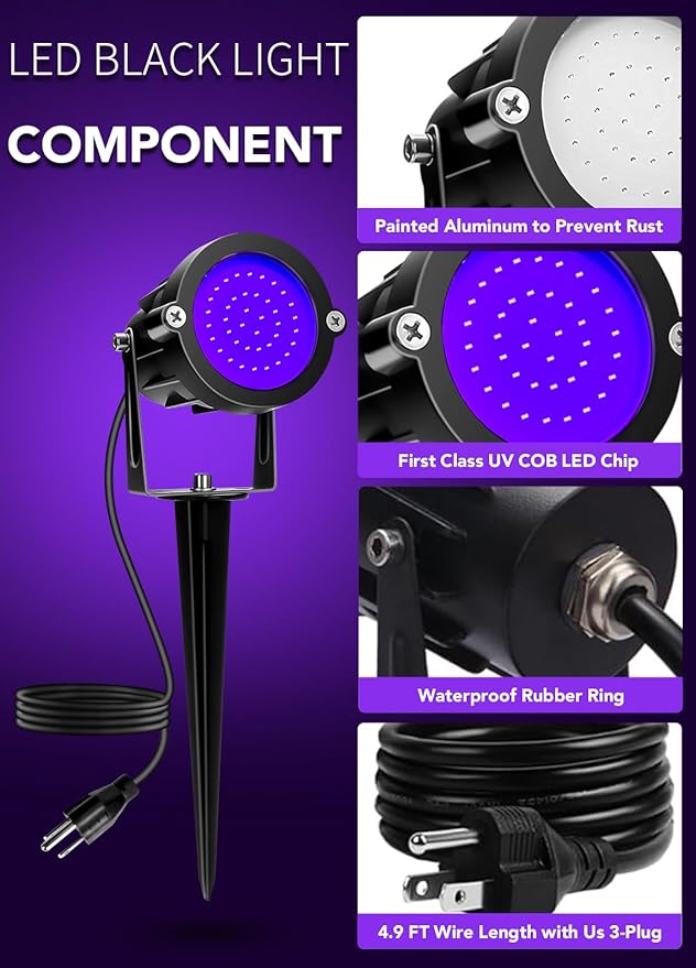 Elenora Halloween Spotlights Outdoor, 15W LED Black Light/Blacklight for Glow Party Body Paint Fluorescent Poster, 110V Plug-in Spot Light IP65 Waterproof Landscape Lighting for Yard Garden, 2 Pack
