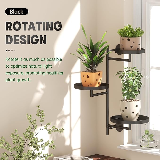 Window Rotating Plant Stand Shelf Indoor Black Metal Floating Shelves 3-Tier Wall Mount Plant Holders for Living Room Wall Planter Modern Home Decor for Gardening