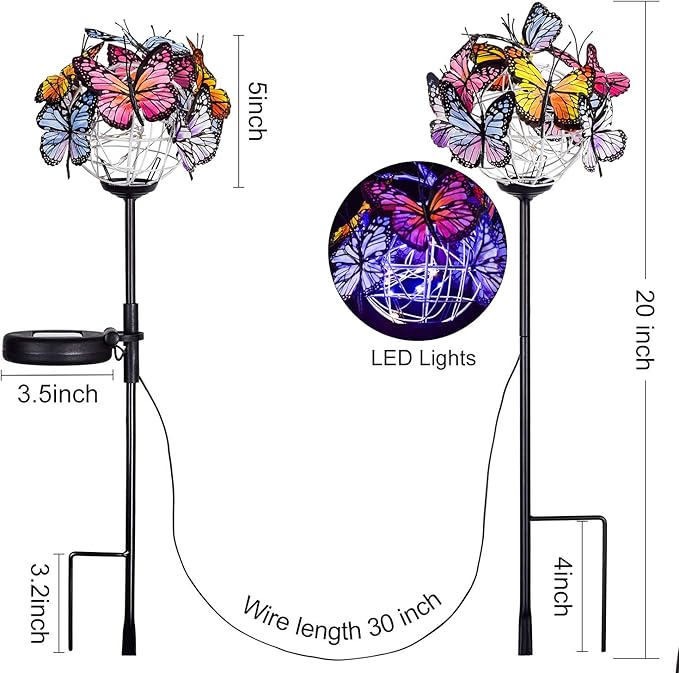 Outdoor Solar Garden Lights - 2 Pack Solar Powered Garden Stake Lights with 18 Butterflies and Copper String Lights, Multicolor