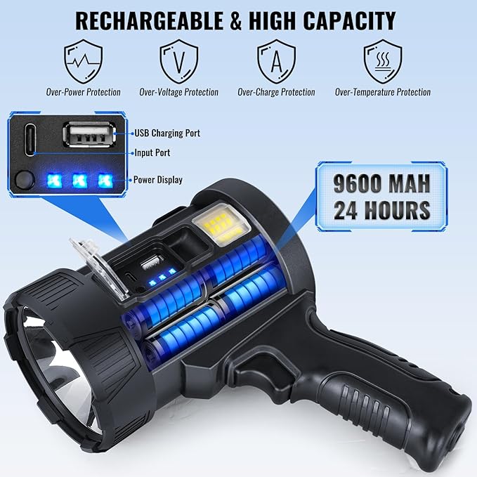 Rechargeable Spotlight,99,000 LM Super Bright Handheld Spot Light LED Flashlight High Lumens,Powered Spotlight Large Searchlight Outdoor with Solar Panels & COB Light for Boat Camping Hunting