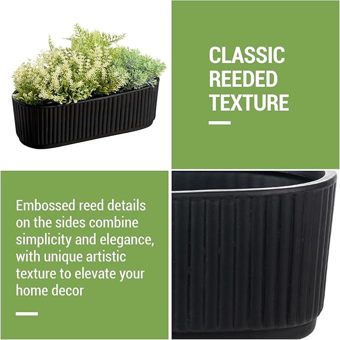 MyGift 12 Inch Ceramic Succulent Planter, Oval Matte Black Planter Pot with Drainage Holes, Indoor Plants Flower Herb Garden Pot Window Box