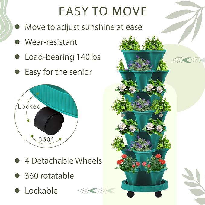Umigy 2 Set of 7 Tier Vertical Planter Stackable Tower Planters Strawberry Herb Flower and Vegetable Pots Indoor Outdoor Gardening Pots with Removable Wheels and Tools(Green)