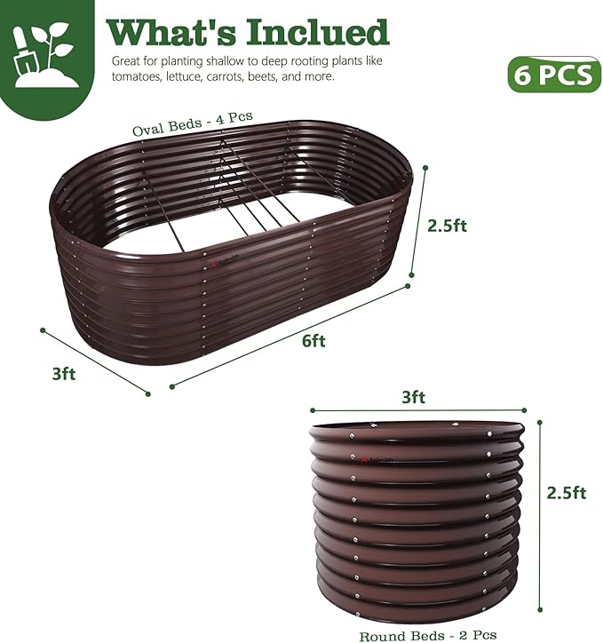 A ANLEOLIFE Set of 6, 30 Inch Extra Tall Galvanized Raised Garden Beds Kit, Large Oval & Round Metal Planters – Ideal for Backyard Vegetables Flowers Herbs, CaféBronze
