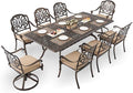 9-Piece Cast Aluminum Patio Furniture, Outdoor Dining Sets for 8 Include 87" Rectangular Patio Dining Table, 6 Stackable Chairs & 2 Swivel Chairs with Cushions & Umbrella Hole(Bronze)