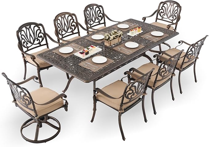 9-Piece Cast Aluminum Patio Furniture, Outdoor Dining Sets for 8 Include 87" Rectangular Patio Dining Table, 6 Stackable Chairs & 2 Swivel Chairs with Cushions & Umbrella Hole(Bronze)