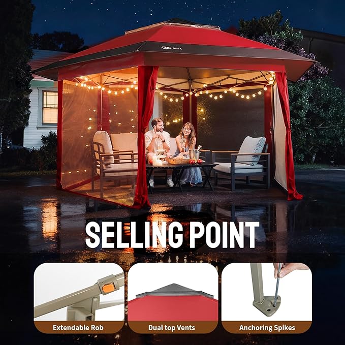 CROWN SHADES 13x13 Pop Up Gazebo with Mosquito Nettings, Patented Center Lock 6-Sided Portable Gazebo, 300D Silver-Coated Fabric UV Resistant, Pop Up Canopy Tent for Patio, Party, Red&Grey