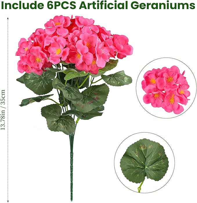 Artificial Geraniums Flowers for Outdoors, 6 Bundles Realistic Silk Fake Geranium, No Fade Faux Plants for Hanging Baskets, Window Boxes, Planters - Porch, Patio, Garden Decor(Rosy)