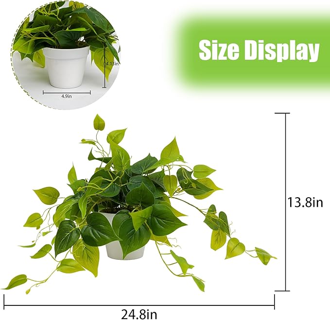 alyptus Fake Pothos Hanging Plants – Set of 2 Faux Ivy Vines Realistic Silk Devil’s Ivy for Indoor Décor, Low Maintenance Artificial Greenery for Home Bathroom or Office - Green with White Pots
