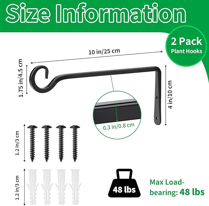 Metal Hanging Plant Hooks, 2 Pack 10 Inch Wall Hooks for Hanging Plants, Bird Feeder, Flower Basket, Wind Chimes, Indoor Outdoor (Black)