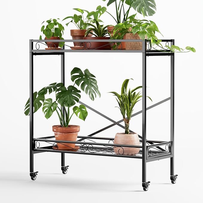 Zhongma 2 Tier Sturdy Metal Plant Stand with Wheels, 36.6x16x39.4 Inch High, Heavy Duty Succulent Shelf for Home Indoor and Outdoor, 440 LBS Capacity & Heavy Duty Construction