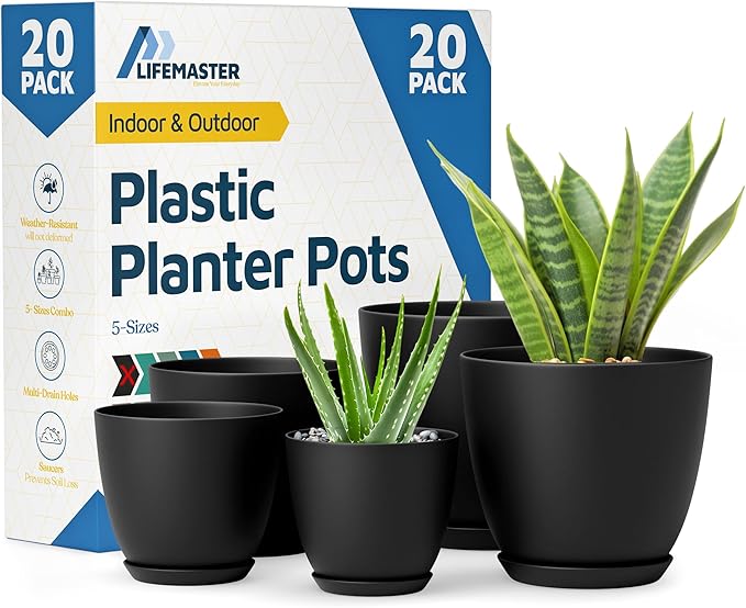 Lifemaster Plant Pots with Multi Drainage Holes - 20 Pieces Versatile, Sturdy Plastic, Stackable Design Home Decor Flower Pots for Indoor and Outdoor Gardening - Black