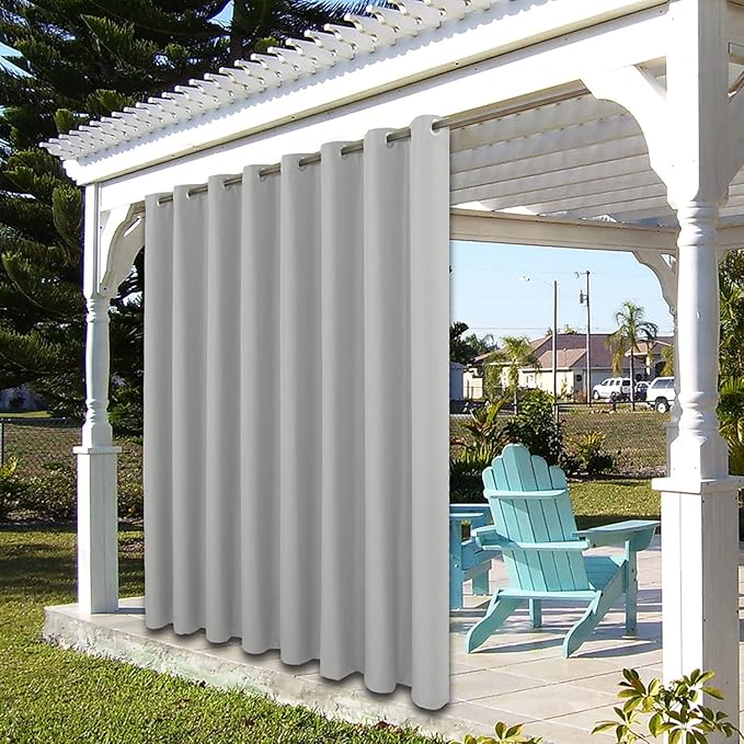 BONZER Wide Waterproof Outdoor Curtains for Patio Heavy Privacy Light Filtering Grommet Outside Curtains for Porch, Pergola, Gazebo, 1 Panel, 110W x 95L inch, Silver