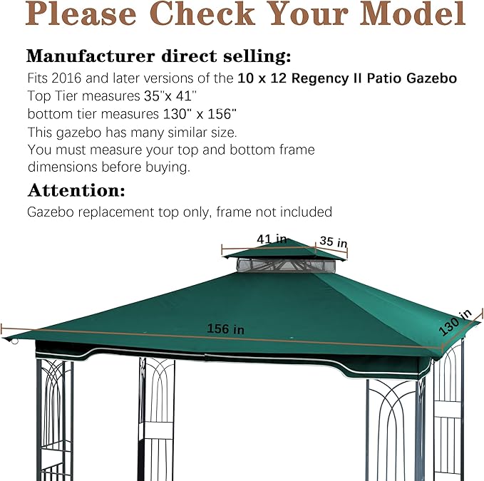SCOCANOPY Replacement Gazebo Canopy for 10 x 12 Regency II Patio Gazebo Model L-GZ798PST,A101004104,A101004105,(Forest Green)