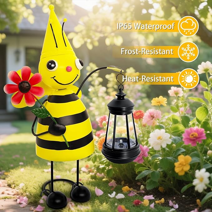 Garden Decor Bee Solar Statues,Unique Garden Statues Bee with Solar Lantern Waterproof, Birthday Gifts for Women Mom Grandma, Front Patio Balcony Yard Art Lawn Ornaments Porch Outdoor Decoration