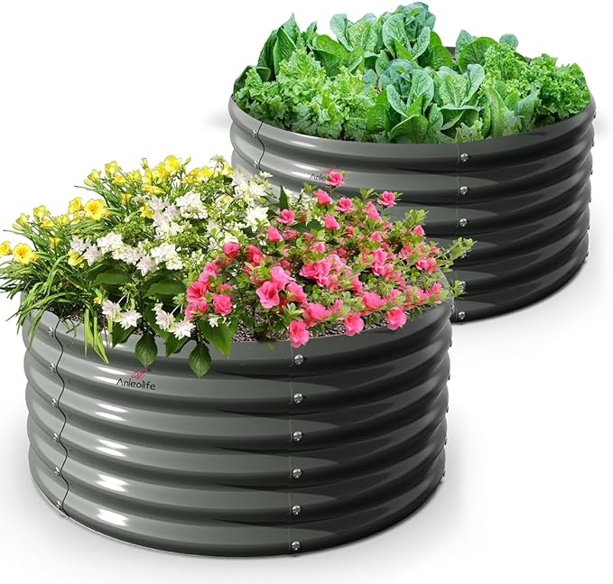 A ANLEOLIFE 2-Pack 4ft x 18” Tall Galvanized Raised Garden Beds Outdoor, Round Metal Planter Box for Planting Vegetables Flowers Herb, Anti-Rust & Easy-Setup, Quartz Grey