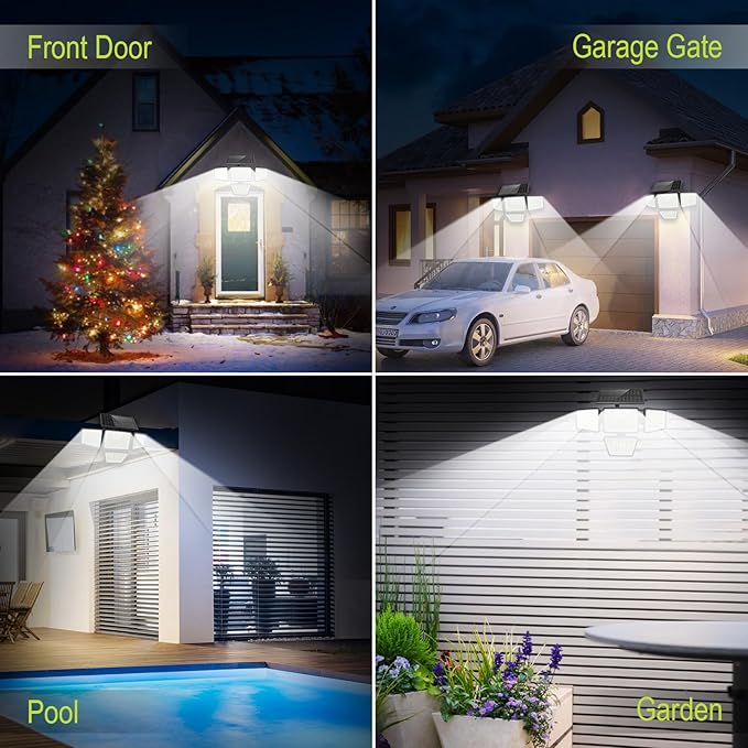3000LM Solar Lights Outdoor with Motion Sensor,4 Head 270° Wide Angle Street Area Lights,IP65 Waterproof Security Lighting with 3 Modes(Remote,2 Pcs)