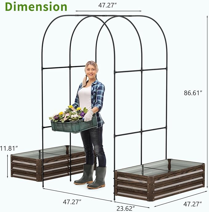 DoCred 3 in 1 Raised Garden Bed with 87in Tall Arch Trellis for Climbing Plants, Galvanized Planter Garden Box Outdoor for Gardening, Climbing Vegetables, Flower