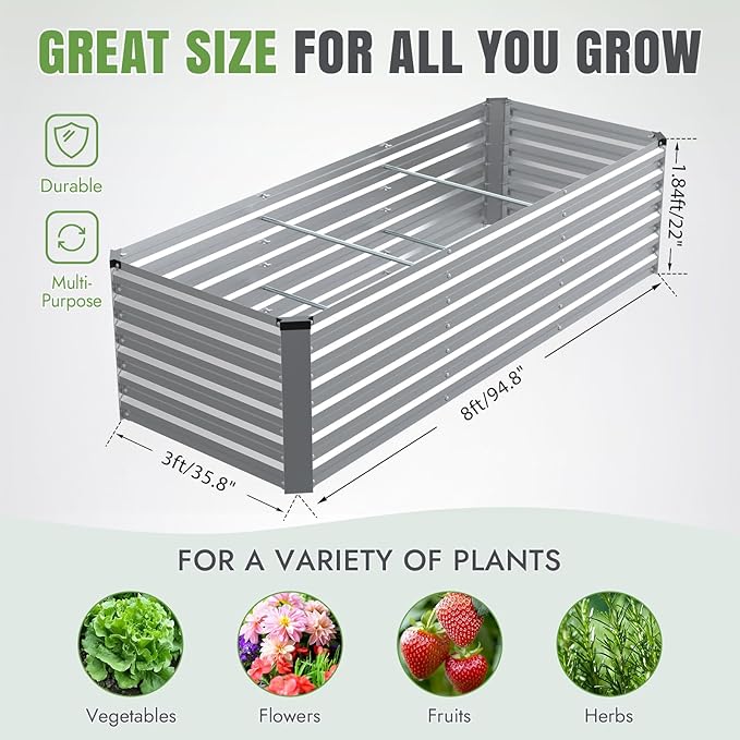 INNO STAGE 8x3x2ft Galvanized Raised Garden Bed, Raised Garden Bed Kit-Metal Planter Box Outdoor, Planting for Vegetables, Fruits, Herbs, Flowers, Silver