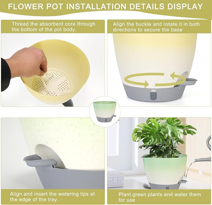 4-Piece Planter Set, 12/10/9/8-inch Self-Watering Pots with Drainage Holes, Deep Trays, Water Level Indicators, Suitable for Plants (12/10/9/8-inch, White Gradient Design)