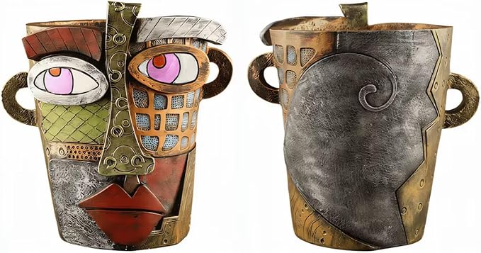 Abstract Face Planters Pots Head,Picasso Brutalist Face Flower Pot Ornaments Head Planter Pots Colorful Art Abstract Resin Flower Pot for Indoor and Outdoor Plants Funny Room Decor(Retro Big)