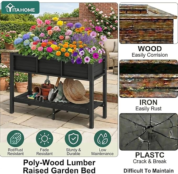 YITAHOME 48x18x30in Raised Garden Bed HDPE, Weather-Resistant Poly Lumber Planter Box with Legs & Storage Shelf, Elevated Garden Bed for Yard, Garden, Balcony - Black