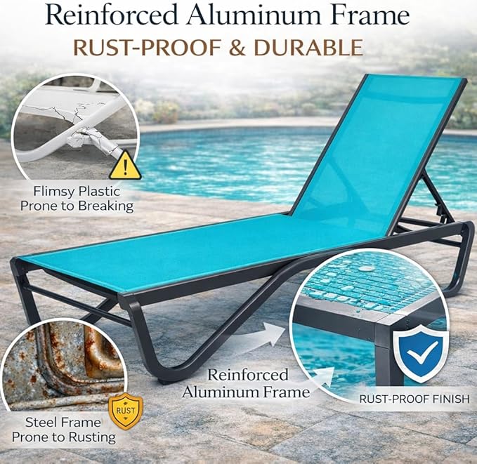 Kozyard Outdoor Chaise Lounge Chair, Full Aluminum Frame, Adjustable Reclining Patio Lounger for Poolside, Sunbathing & Backyard, Textilene (Aqua, 2Chairs + Table)