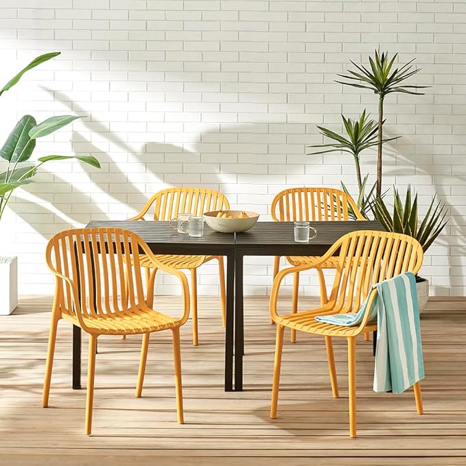 Modern Stackable Outdoor & Indoor Plastic Dining Chairs Set, Armchairs Set, Weather-Resistant, Ideal for Patios, Cafes, and Home Use, Set of 4 (Mustard Yellow)