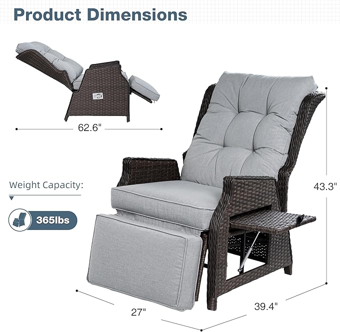 Outdoor Indoor Wicker Recliner with Adjustable Back and Footrest, Patio Reclining Chair with Flip-up Table, Outdoor Rattan Lounge Chair, Light Grey 2PCS