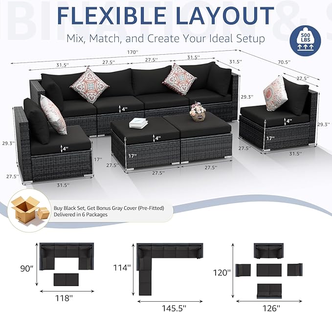 NICESOUL 8 Piece Outdoor Patio Set, 29.3'' High Back Extra Large Wicker Patio Furniture, Deep Seating Comfy L Shaped Modular Sectional Set of 8, Modern Wide Conversation, 2 Color Cushion Black & Gray