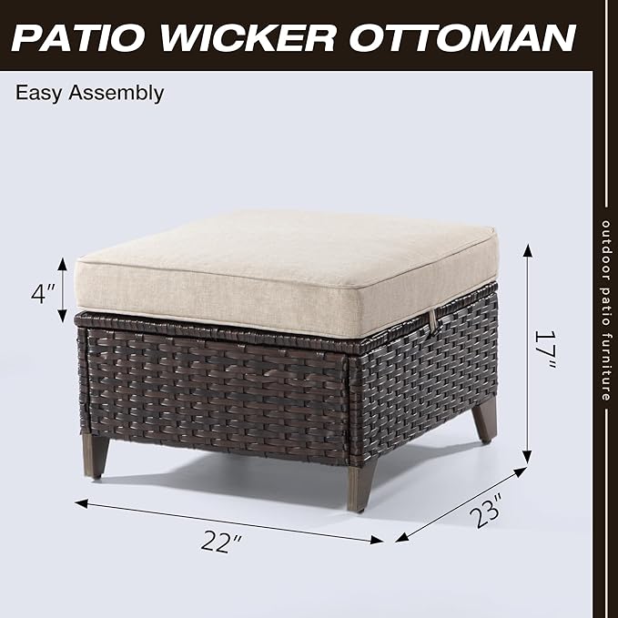 Joyside Patio Ottoman Set of 2, All Weather Outdoor Rattan Ottomans Patio Footstools with Removable Cushions for Garden Backyard Porch (Beige)