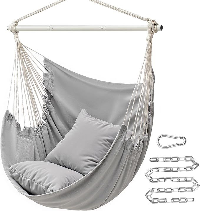 SONGMICS Hammock Chair, Load Capacity 500 lb, Hanging Chair with 2 Cushions, Large Hammock Swing with Chain and Pocket, for Indoor, Outdoor, Living Room, Bedroom, Dove Gray UGDC197G01