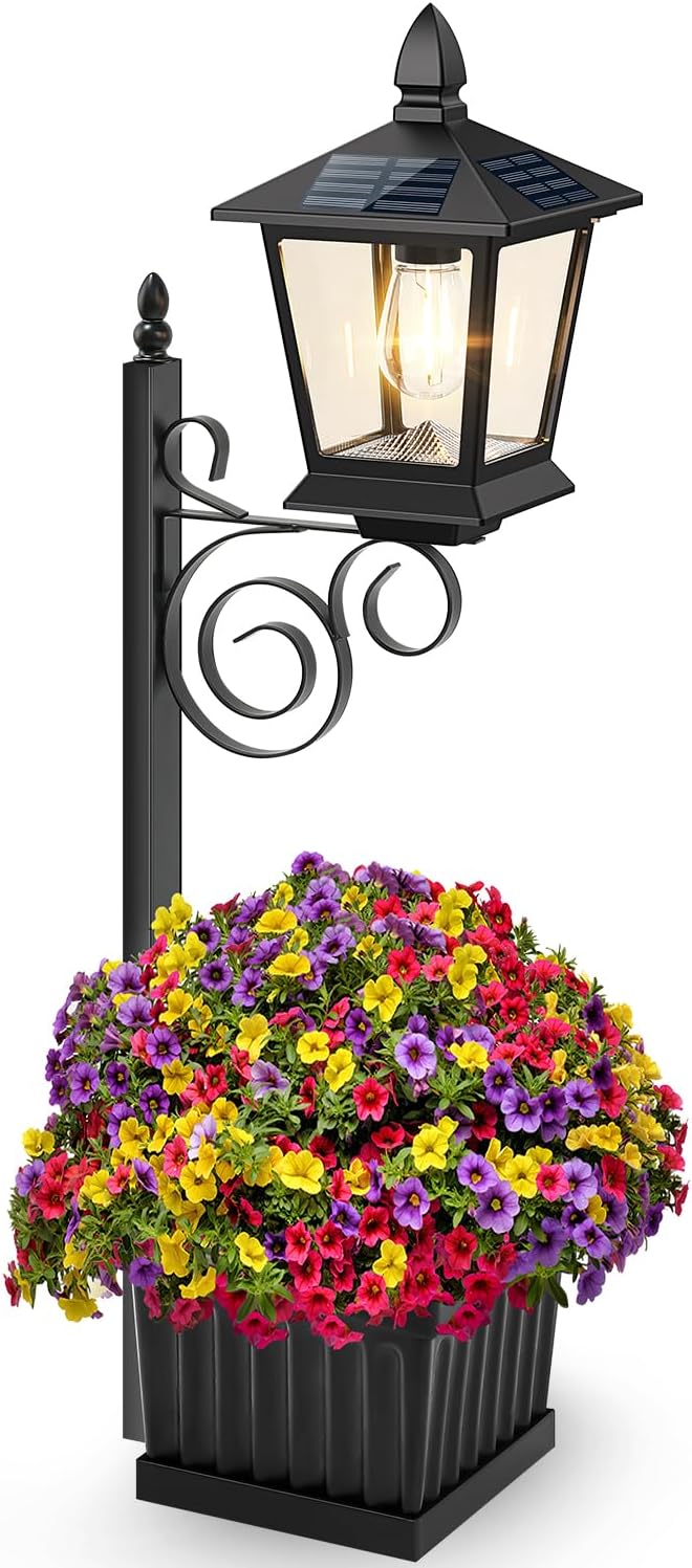 Outdoor Flower Pots 2 in 1, Solar Lamp Post with Planter, Metal Pole, Wall Mount/Standing Solar Planter Lights IP65 Waterproof, Decorative Lamp for Garden, Patio, Porch, 1-Pack (Flowers not Included)