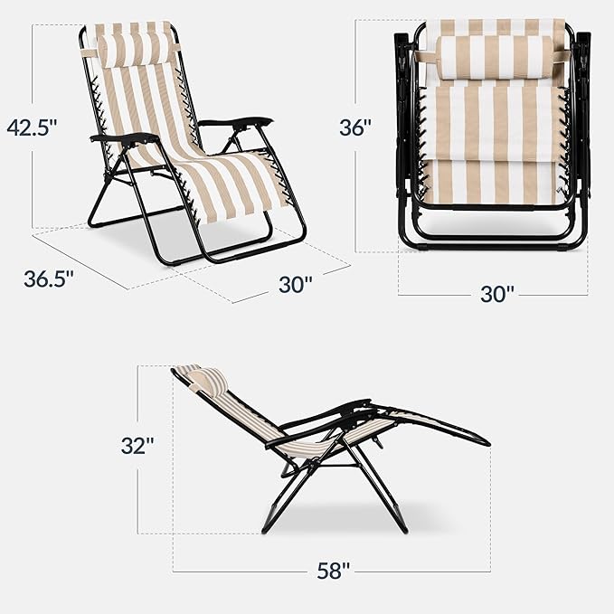 Best Choice Products Set of 2 Extra Wide Adjustable Steel Mesh Zero Gravity Lounge Chair Recliners w/Pillows and Cup Holder Trays - Tan Stripes